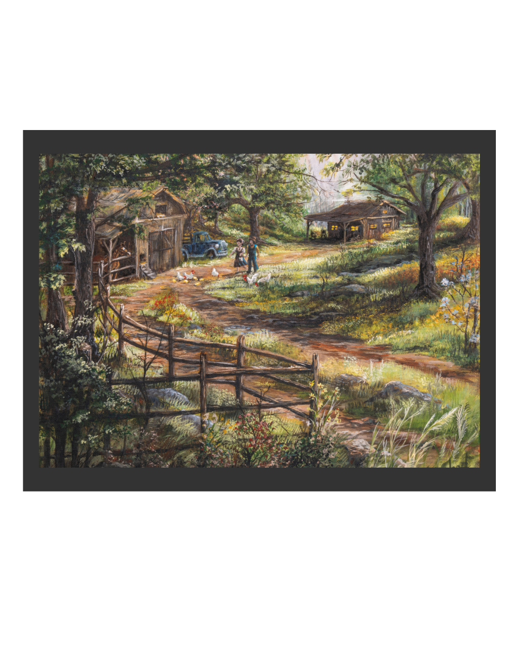 A Simple Morning fine art reproduction on stretched canvas with a black frame, depicting a couple walking out to feed their chickens in a peaceful rural setting. Reproduced from an original acrylic painting by Laura Fay Wood Cavaliere.