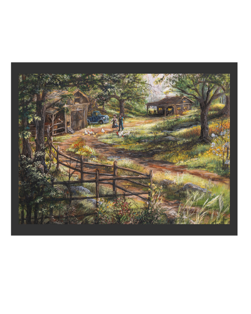 A Simple Morning fine art reproduction on stretched canvas with a black frame, depicting a couple walking out to feed their chickens in a peaceful rural setting. Reproduced from an original acrylic painting by Laura Fay Wood Cavaliere.