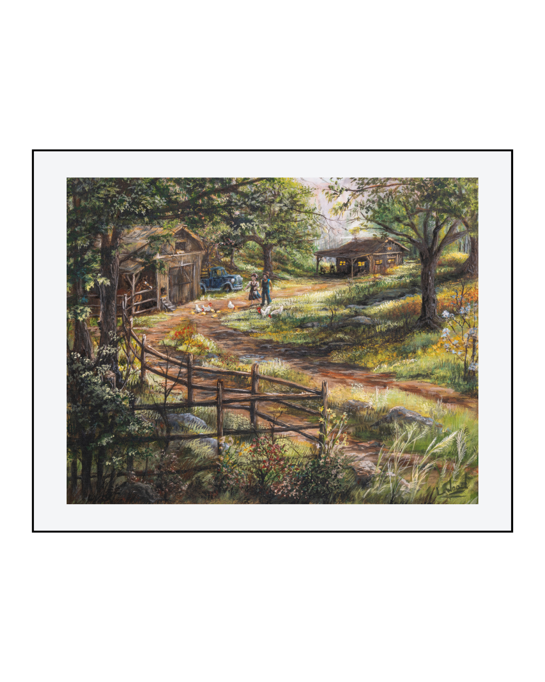A Simple Morning matted fine art paper reproduction depicting a couple walking out to feed their chickens in a quiet countryside setting. Reproduced from an original acrylic-on-canvas painting by Laura Fay Wood Cavaliere.