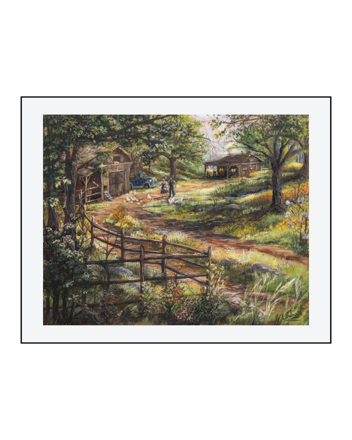 A Simple Morning matted fine art paper reproduction depicting a couple walking out to feed their chickens in a quiet countryside setting. Reproduced from an original acrylic-on-canvas painting by Laura Fay Wood Cavaliere.