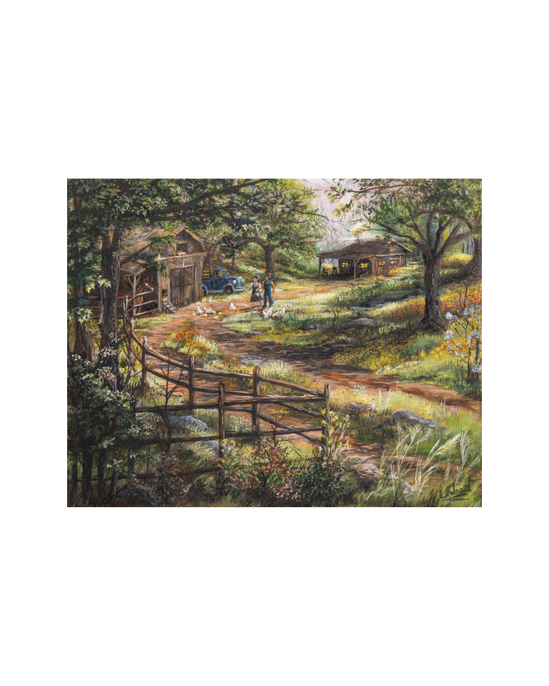 A Simple Morning fine art reproduction on stretched canvas, featuring a nostalgic country scene of a couple walking out to feed their chickens. Originally painted in acrylic on canvas by artist Laura Fay Wood Cavaliere.