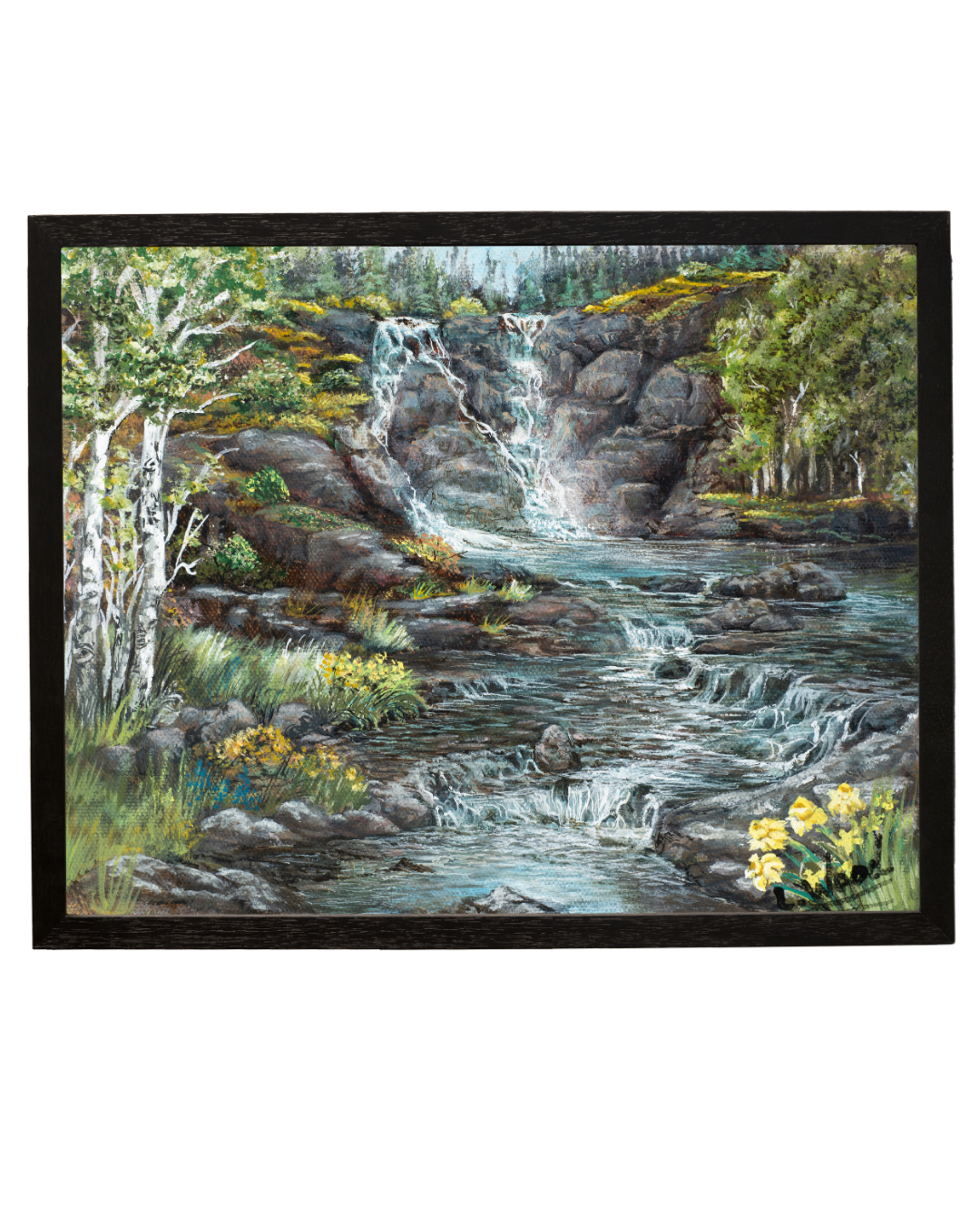 Original landscape artwork by Laura Fay Wood Cavaliere depicting a cascading waterfall flowing through a rocky forest with birch trees and wildflowers, displayed in a black picture frame.
