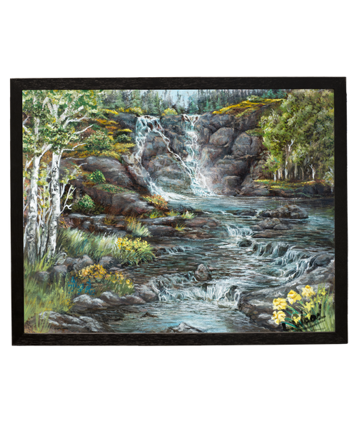 Original landscape artwork by Laura Fay Wood Cavaliere depicting a cascading waterfall flowing through a rocky forest with birch trees and wildflowers, displayed in a black picture frame.