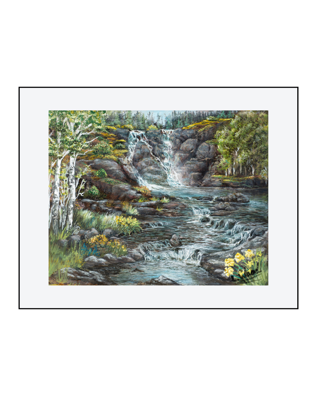 Fine art paper print of a realistic waterfall landscape featuring rocky cliffs, flowing water, birch trees and wildflowers, presented with an off-white mat, painted by Laura Fay Wood Cavaliere