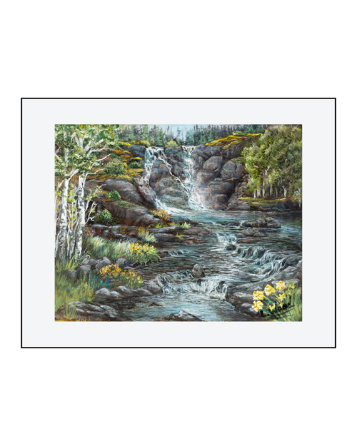 Fine art paper print of a realistic waterfall landscape featuring rocky cliffs, flowing water, birch trees and wildflowers, presented with an off-white mat, painted by Laura Fay Wood Cavaliere