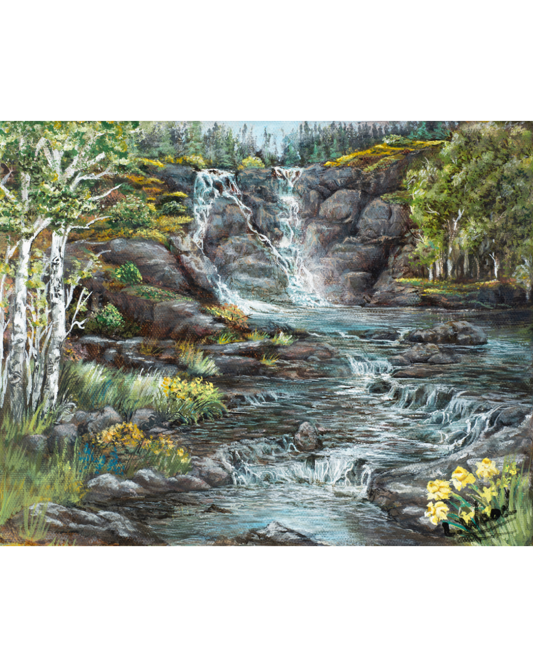 Stretched canvas featuring a realistic nature painting of a cascading waterfall surrounded by rocky terrain, birch trees and blooming wildflowers, painte by Laura Fay Wood Cavaliere. 