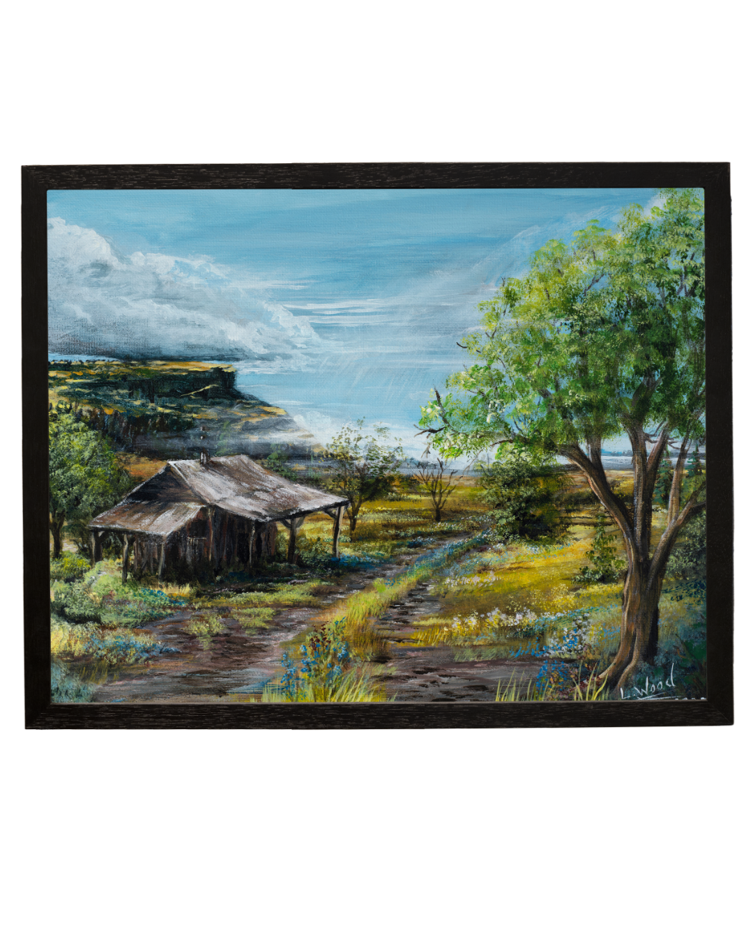 Framed fine art reproduction of Cabin Plateau, featuring a rustic cabin nestled beneath a sunlit tree with a winding path and dramatic plateau landscape, painted by Laura Fay Wood Cavaliere.