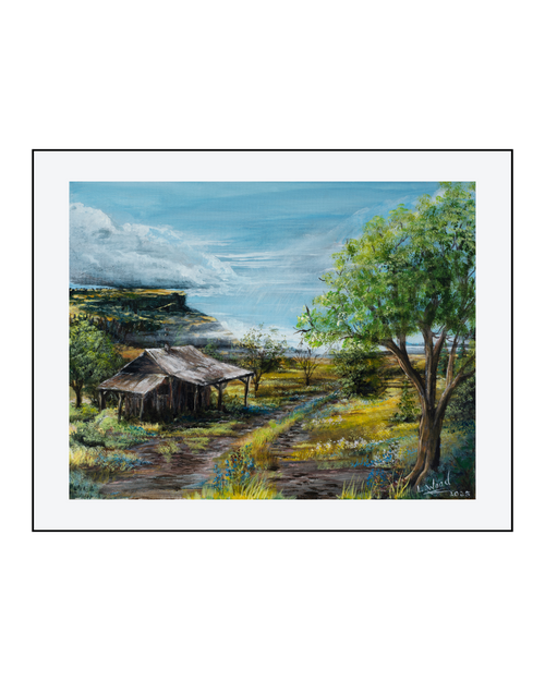 Matted fine art paper reproduction of Cabin Plateau, depicting a weathered cabin, peaceful countryside and distant plateau beneath a bright blue sky, painted by Laura Fay Wood Cavaliere.