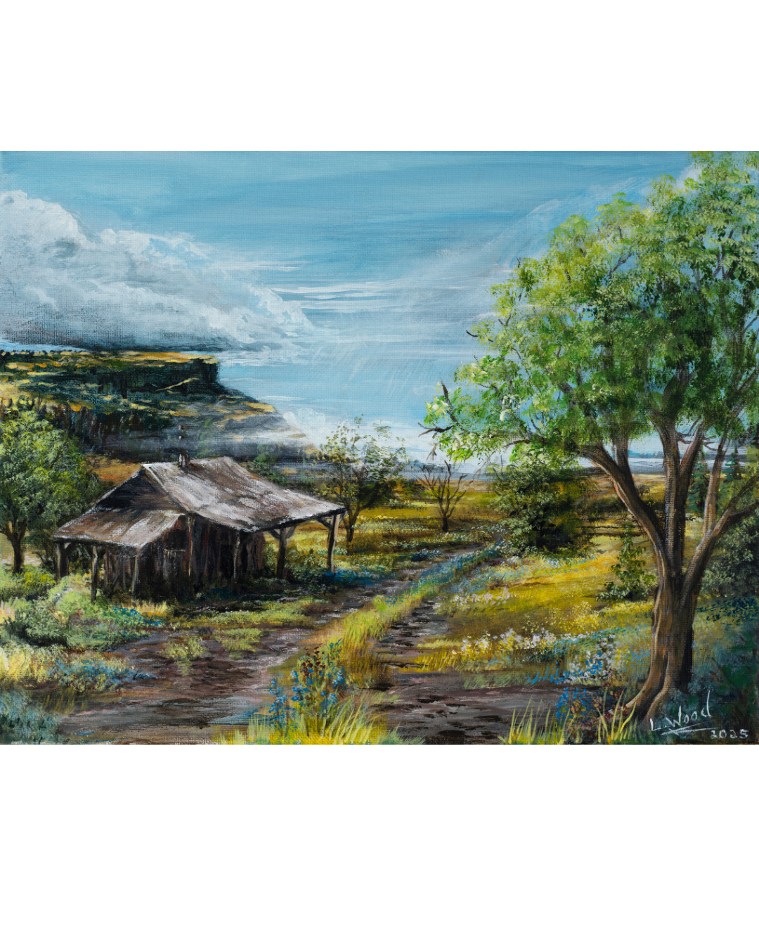 Gallery-wrapped stretched canvas reproduction of Cabin Plateau, showcasing a rustic cabin surrounded by wildflowers, rolling countryside and a dramatic plateau landscape, painted by Laura Fay Wood Cavaliere.