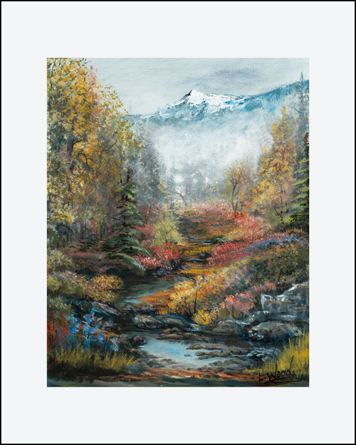 Matted fine art paper reproduction of Path of Many Colors, depicting a tranquil forest stream surrounded by brilliant autumn colors beneath distant snow-capped mountains, painted by Laura Fay Wood Cavaliere.