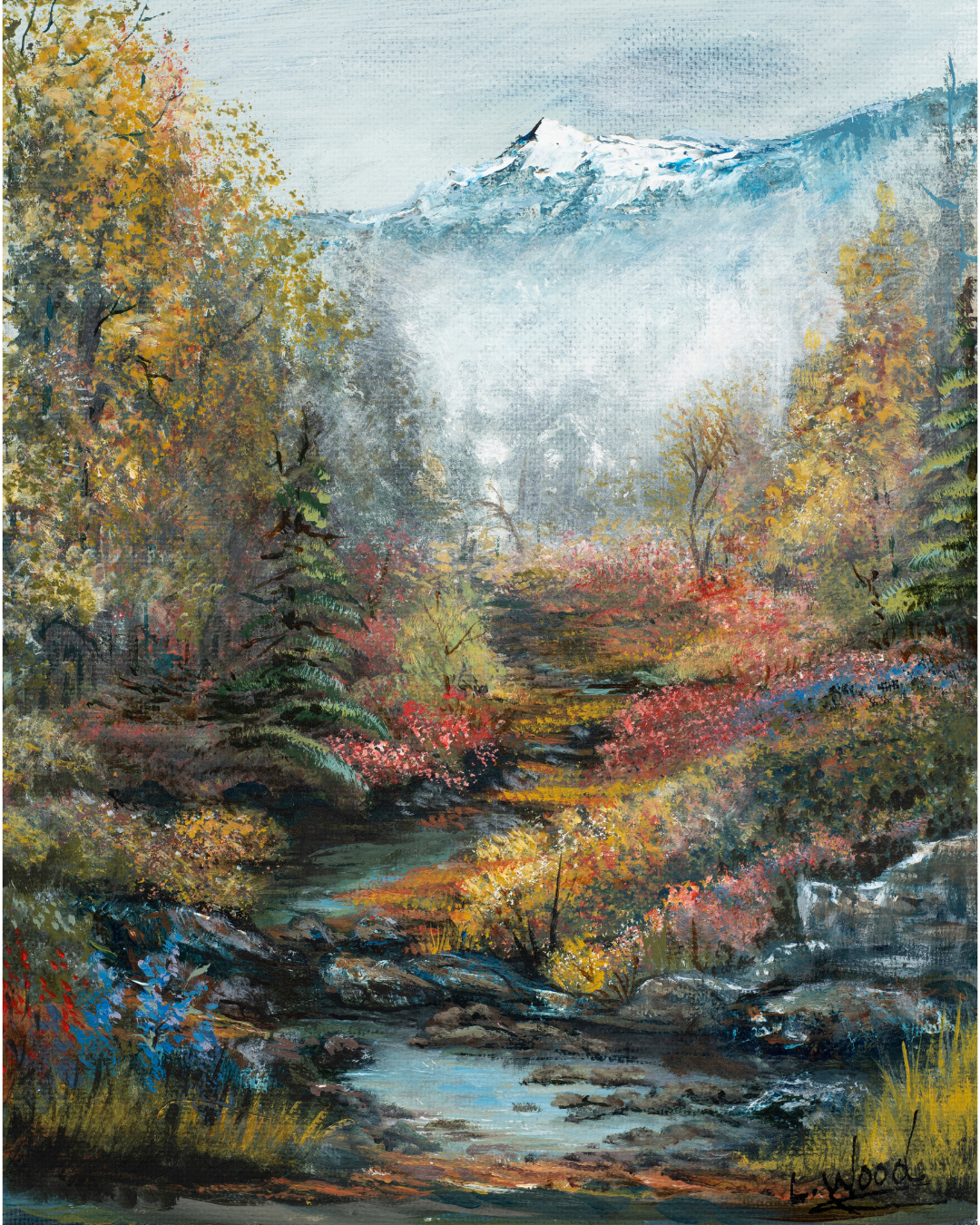 Gallery-wrapped stretched canvas reproduction of Path of Many Colors, showcasing a peaceful mountain landscape with a winding stream, vivid autumn foliage and distant snow-capped peaks, painted by Laura Fay Wood Cavaliere.