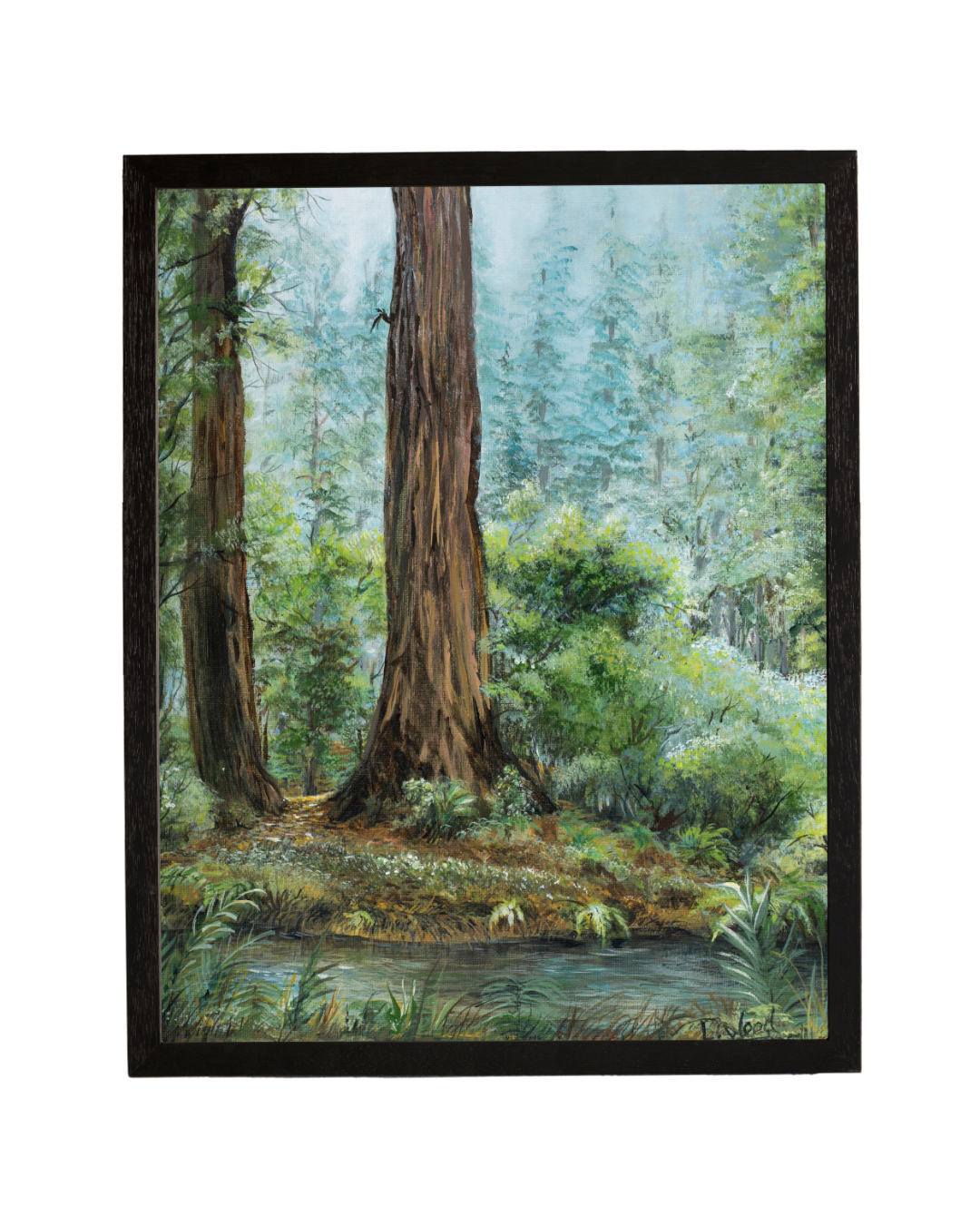 Framed fine art reproduction of a peaceful forest landscape featuring towering redwood trees, lush green foliage and a quiet woodland stream, painted by Laura Fay Wood Cavaliere.