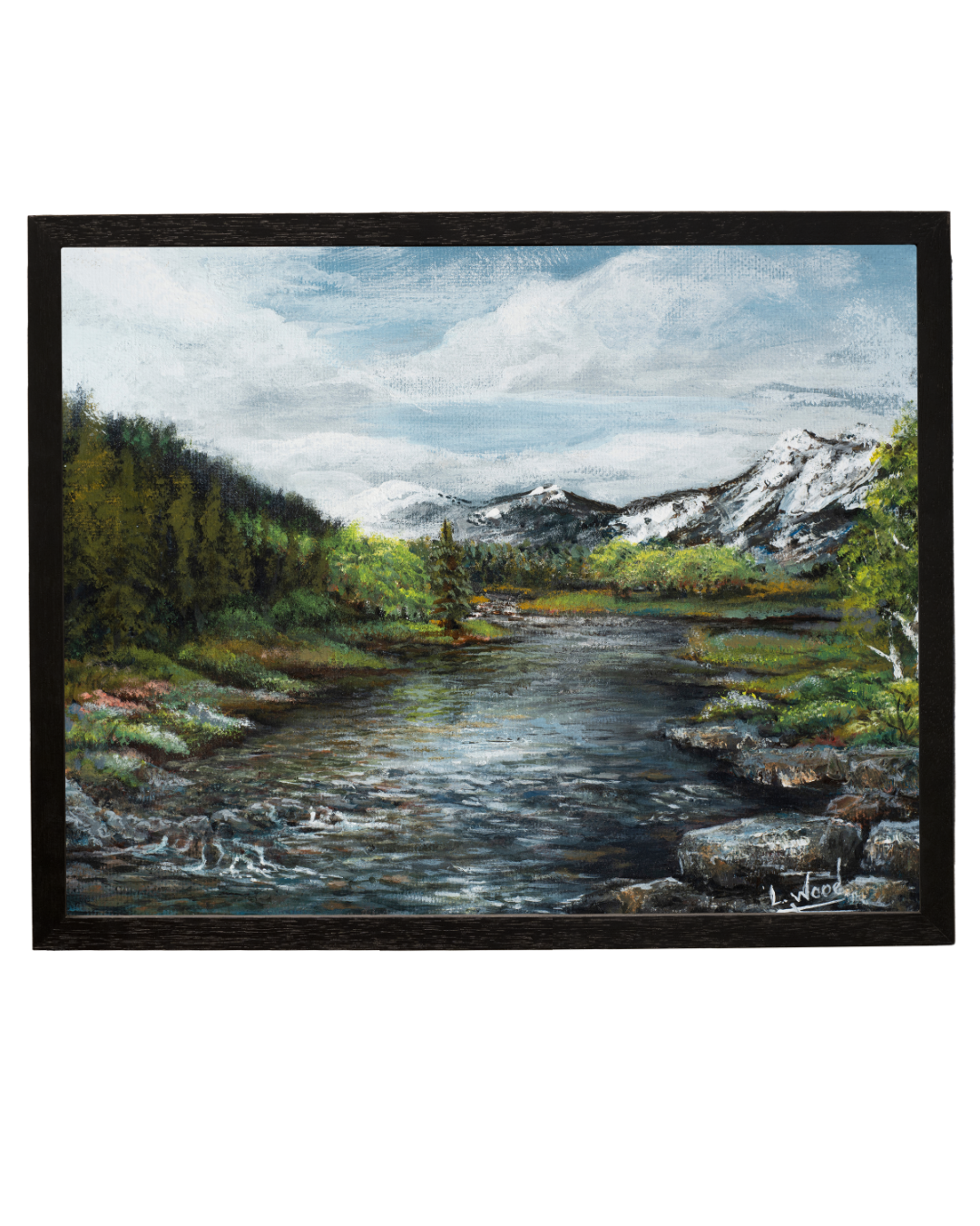 Framed fine art reproduction of Rocky Mountain Landscape, featuring a tranquil mountain river bordered by evergreen forests with snow-capped peaks in the distance, painted by Laura Fay Wood Cavaliere.