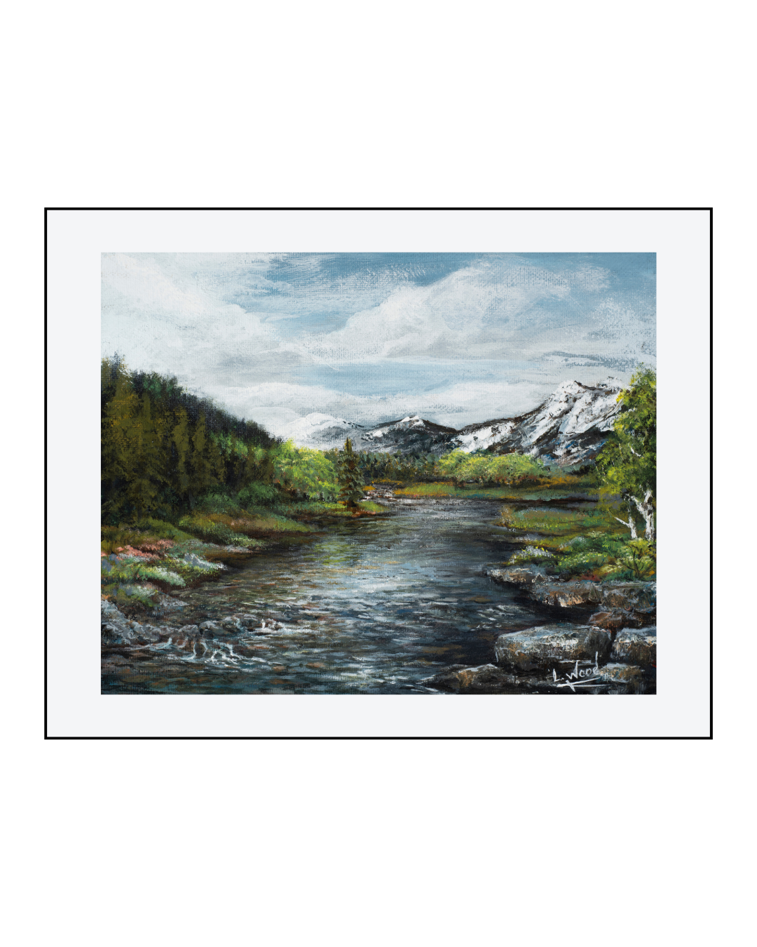 Matted fine art paper reproduction of Rocky Mountain Landscape, depicting a peaceful river winding through lush forests beneath majestic snow-capped mountains, painted by Laura Fay Wood Cavaliere.