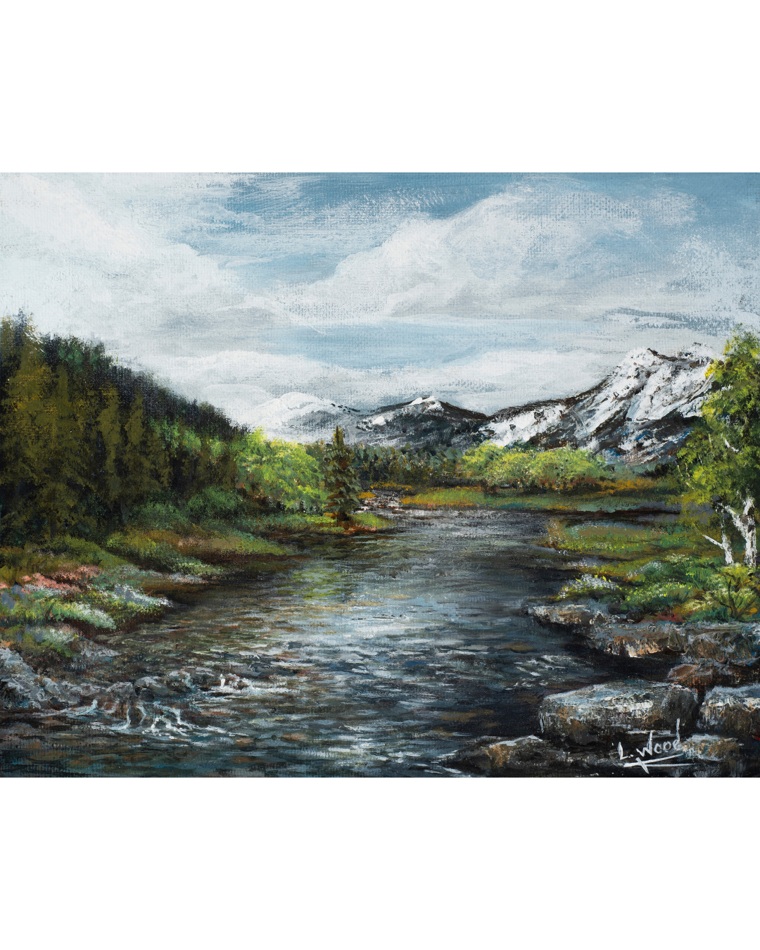 Gallery-wrapped stretched canvas reproduction of Rocky Mountain Landscape, showcasing a serene mountain river, evergreen trees and distant snow-capped peaks, painted by Laura Fay Wood Cavaliere.