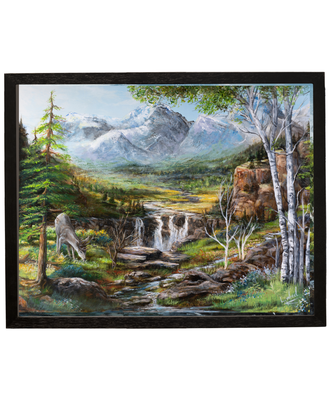 Seasons Arise is a fine art reproduction of an original landscape painting by Laura Fay Wood Cavaliere. The scene features a rocky mountain stream with a cascading waterfall, a sunlit meadow, surrounded by evergreen trees and slender aspens. Majestic, snow-capped peaks rise in the distance beneath a soft blue sky. This replica is presented as a black-framed fine art reproduction, bringing the peaceful beauty and changing character of the seasons into the home.