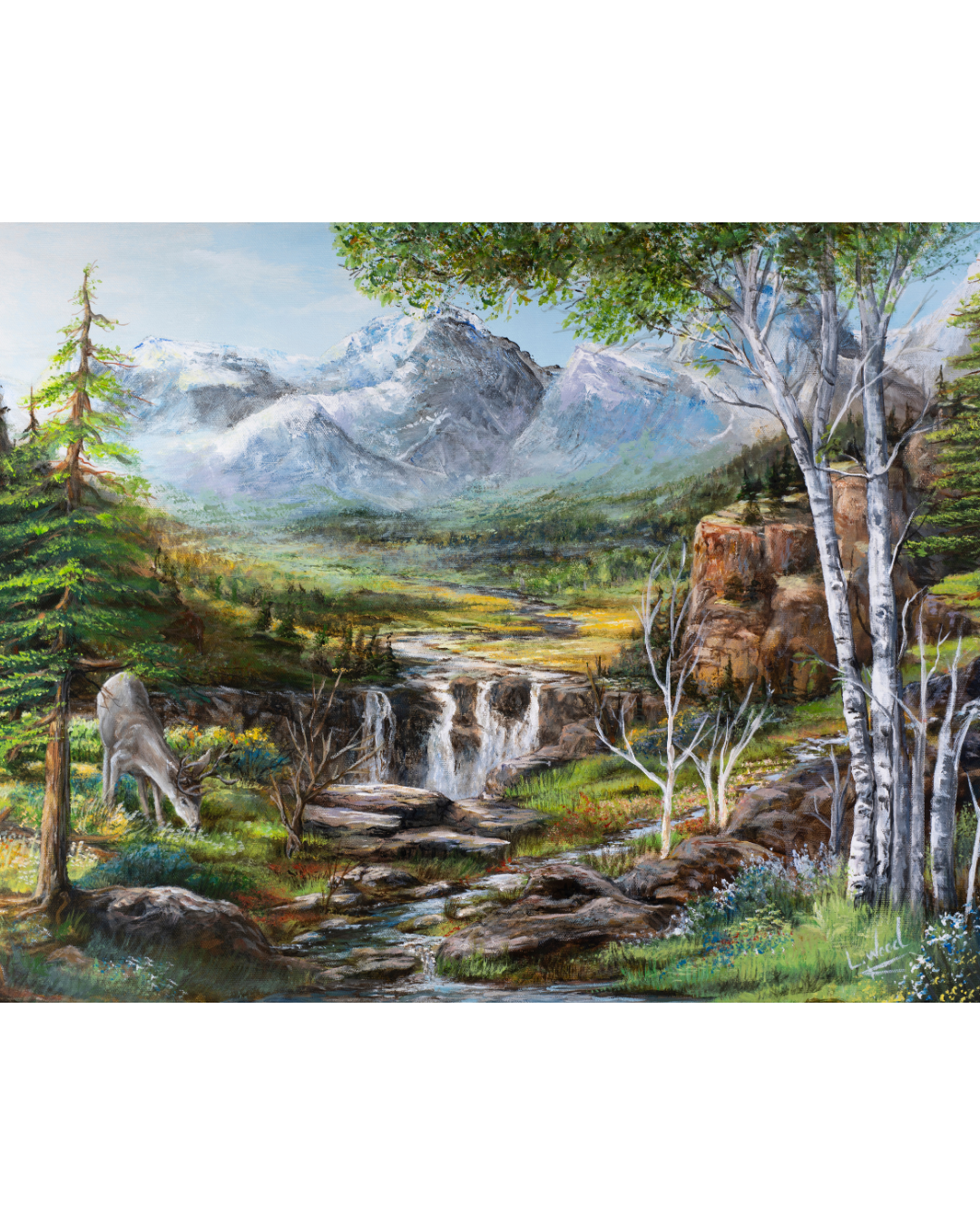 Seasons Arise is a stretched canvas reproduction of n original landscape painting by Laura Fay Wood Cavaliere. The peaceful mountain scene captures a clear stream cascading through rocky foreground and meadow, surrounded by evergreen and aspen trees. In the distance, dramatic snow-capped peaks emerge through the soft mountain atmosphere. This replica is reproduced on stretched canvas, preserving the warmth, depth, and tranquil feeling of the original work. 