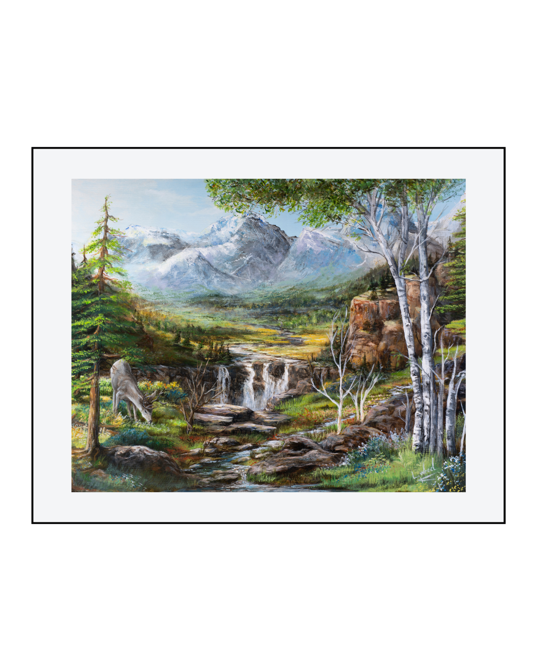 Seasons Arise is a paper print reproduction of an original landscape painting by Laura Fay Wood Cavaliere. A gentle mountain stream tumbles over rocks and forms a waterfall, a sunlit alpine meadow, framed by evergreen and aspen trees. Snow-covered mountains stretch across the distant horizon beneath a delicate blue sky. This replica is printed on paper and finished with a mat, highlighting the serene, timeless beauty of the original artwork.