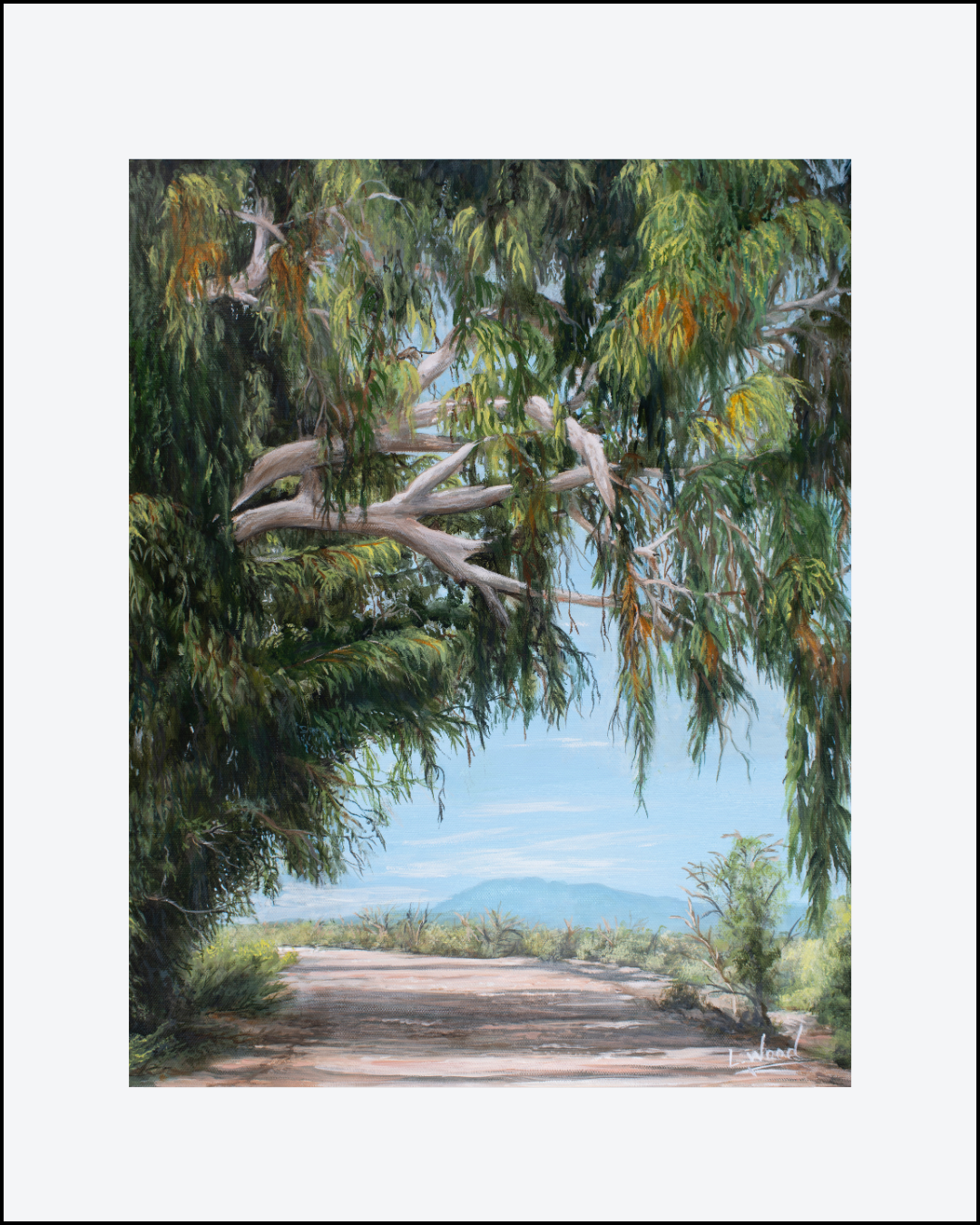 Summer Shade - Portraying a shaded woodland path opening toward distant mountains beneath a soft summer sky. Layered greens, warm earth tones, and filtered sunlight create a serene, inviting atmosphere. Finished with a mat, this replica brings the peaceful character of the original artwork painted by Laura Fay   
Wood Cavaliere.