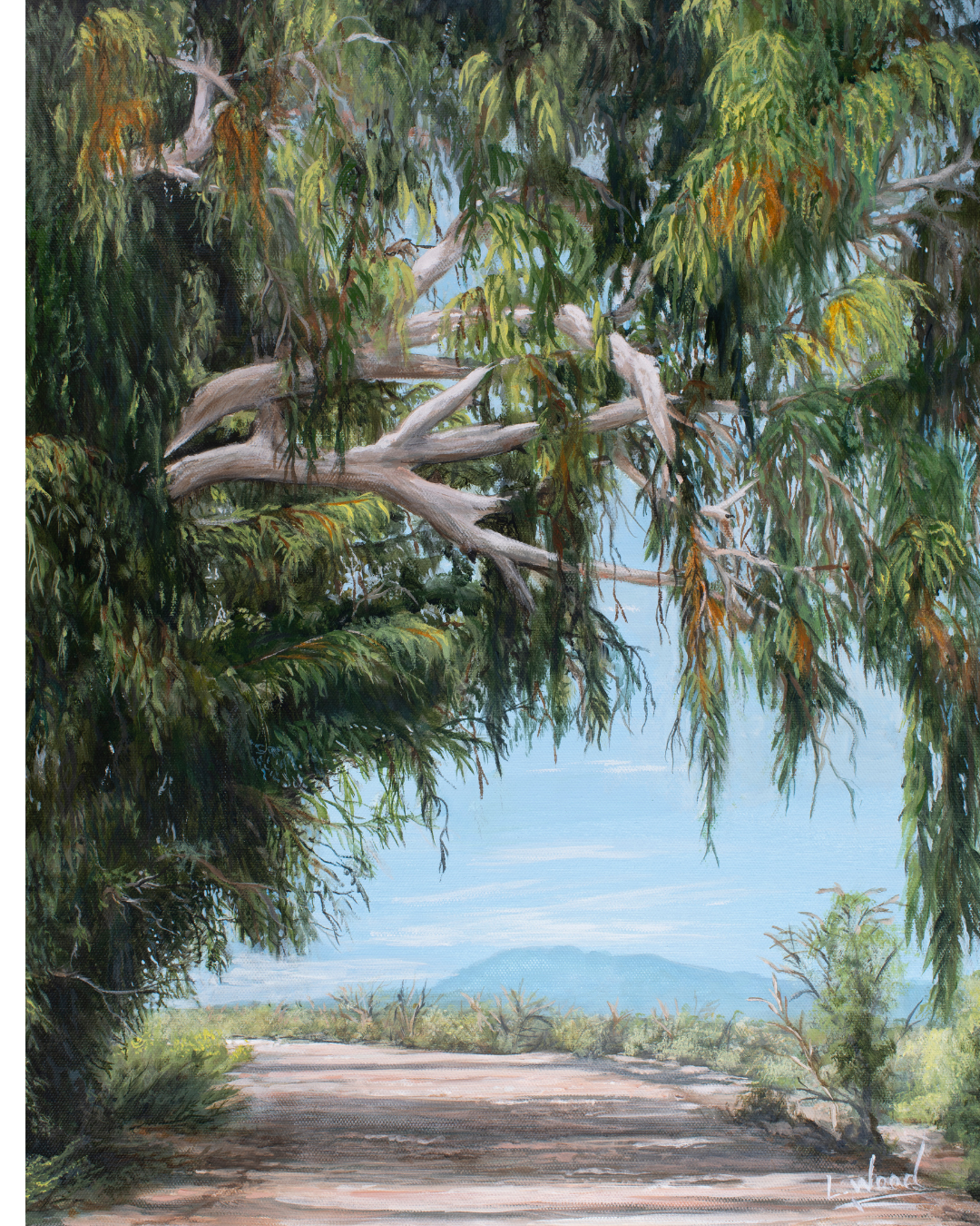 Summer Shade - where sweeping tree branches and delicate summer foliage form a natural canopy over a quiet path leading toward distant mountains. The interplay of cool greens, soft blue sky, and warm sunlight gives the scene a tranquil, timeless quality. This replica reproduces the original work painted by Laura Fay Wood Cavaliere.
