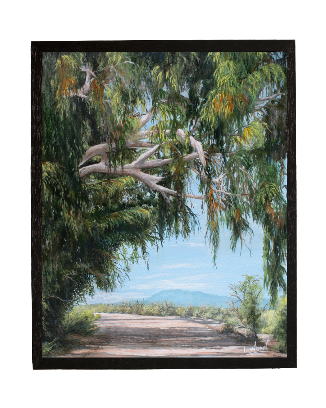 Summer Shade - Featuring a peaceful sunlit path framed by graceful, cascading branches and leafy summer foliage. Soft blue sky and distant mountains create a feeling of depth and quiet escape. Presented in a classic black frame, this replica captures the warm, natural beauty of the original work painted by Laura Fay Wood Cavaliere.