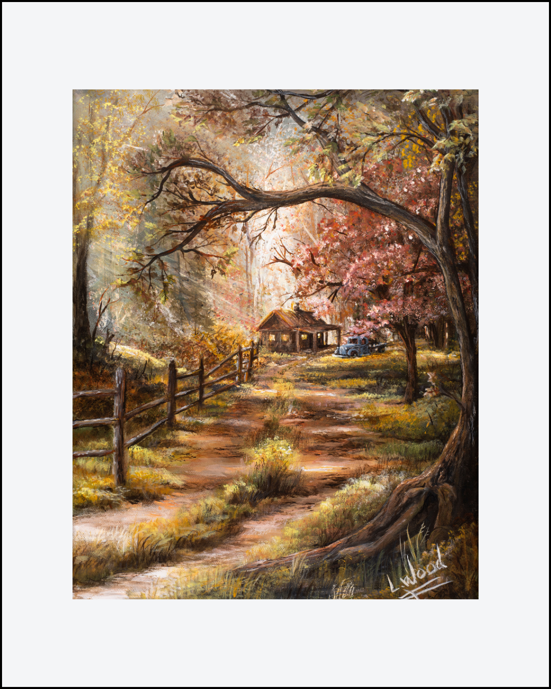The Hideout - Matted paper fine print: A serene country landscape with a winding sunlit path leading through tall grasses and a rustic cabin nestled among colorful autumn trees. A vintage blue vehicle rests near the cabin, adding to the timeless rural atmosphere. 
This paper print is presented with a mat and is a replica of the original artwork painted by Laura Fay Wood Cavaliere 