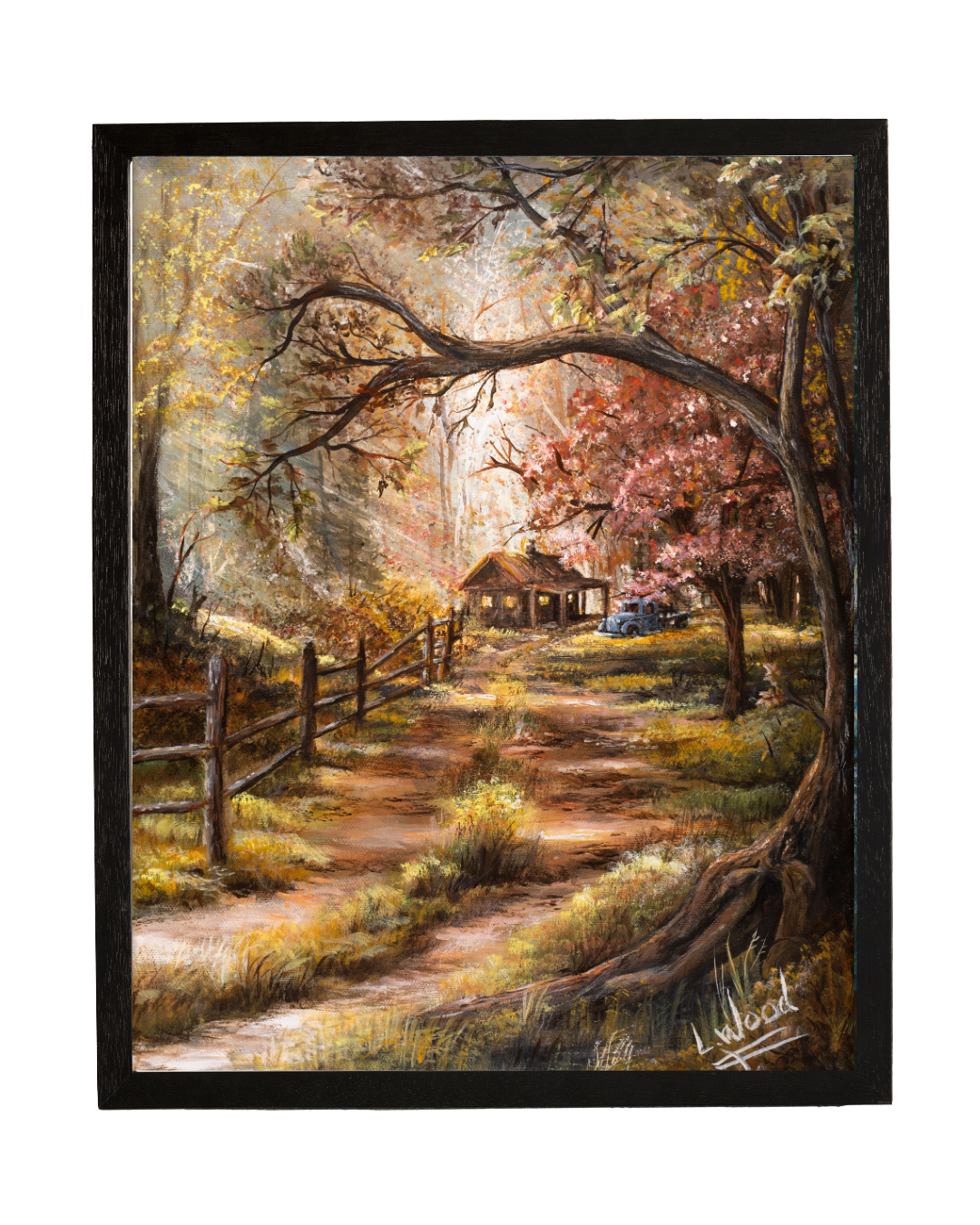 The Hideout, A warm, nostalgic woodland landscape featuring a winding dirt path leading to a rustic cabin beneath towering trees and autumn foliage. Golden sunlight filters through the branches, illuminating the peaceful countryside scene.

Presented as a fine art reproduction in a classic black frame. Original artwork painted by Laura Fay Wood Cavaliere