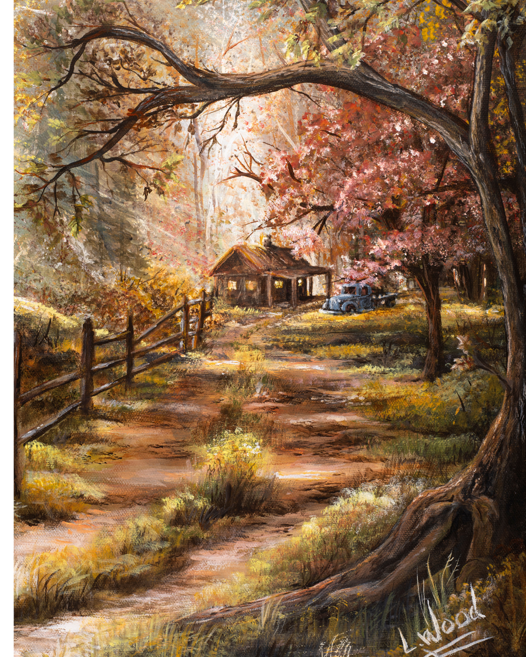 The Hideout - A peaceful autumn  woodland scene with a rustic cabin tucked beneath expansive trees, colorful foliage, and warm sunlight. A winding country path draws the viewer into the secluded setting, creating a feeling of quiet nostalgia and connection with nature. 
Printed as a stretched canvas reproduction, this piece brings the warmth and character of the original work painted by Laura Fay Wood Cavaliere