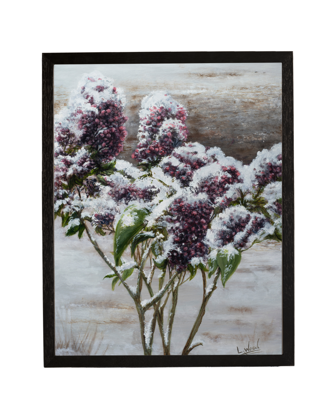 Framed fine art reproduction of a winter painting featuring snow-covered purple lilac blossoms against a soft snowy landscape, painted by Laura Fay Woods Cavaliere.