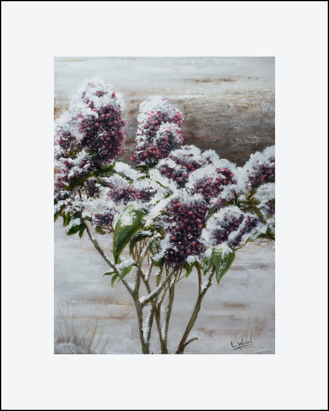 Matted fine art paper reproduction of a winter painting featuring snow-covered purple lilac blossoms against a serene snowy landscape, painted by Laura Fay Woods Cavaliere.