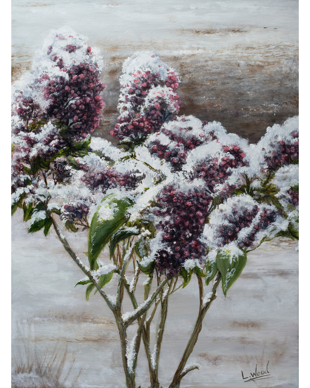 Gallery-wrapped stretched canvas reproduction of a winter painting featuring snow-covered purple lilac blossoms in a peaceful snowy setting, painted by Laura Fay Woods Cavaliere.